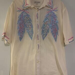 Vintage 80s Lucasini Pastel Glitter Feather Palm Print Button Down Shirt 16.5